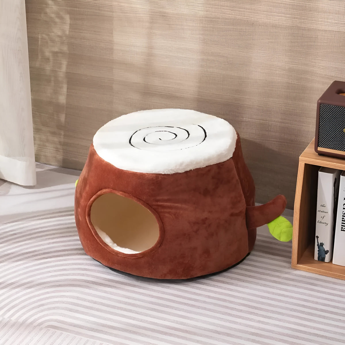 Four season transformable double-layer tree stump cat nest with cat door, in size M, plush material, for indoor cats