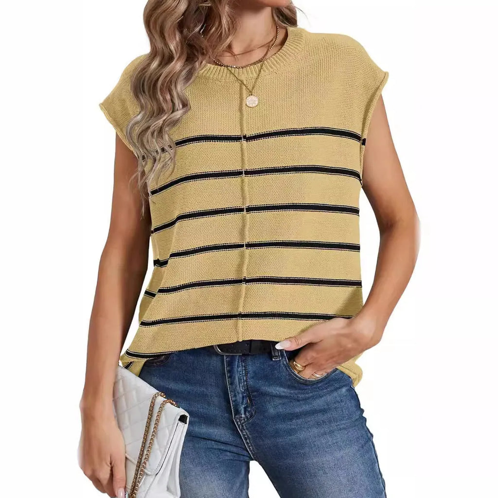 Women's striped sleeveless V-neck pullover top in apricot colour