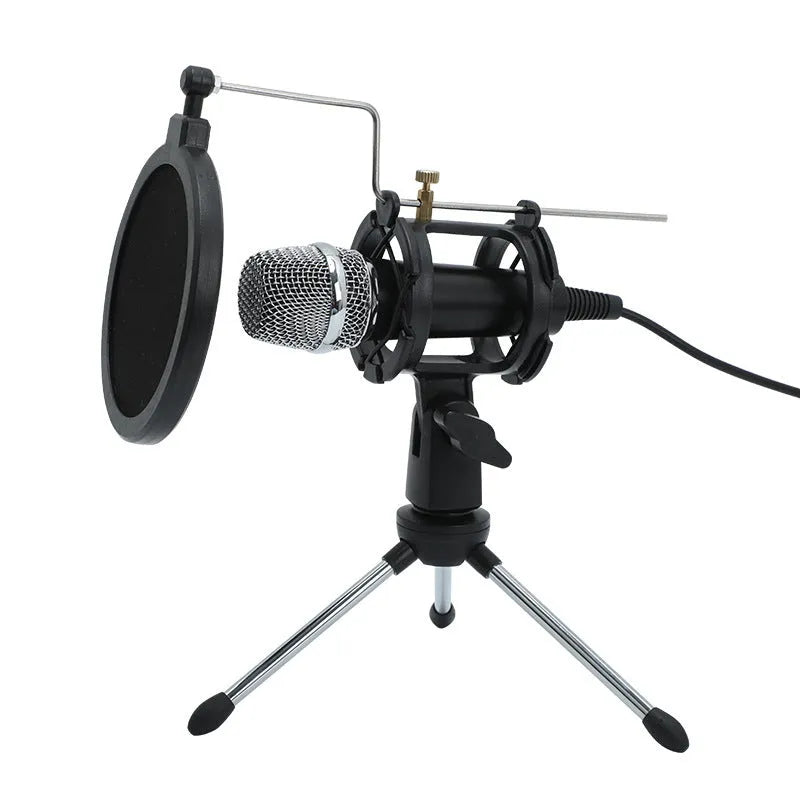 Black mini condenser microphone on an aluminium stand with 3.5mm and USB cables for computer or phone.