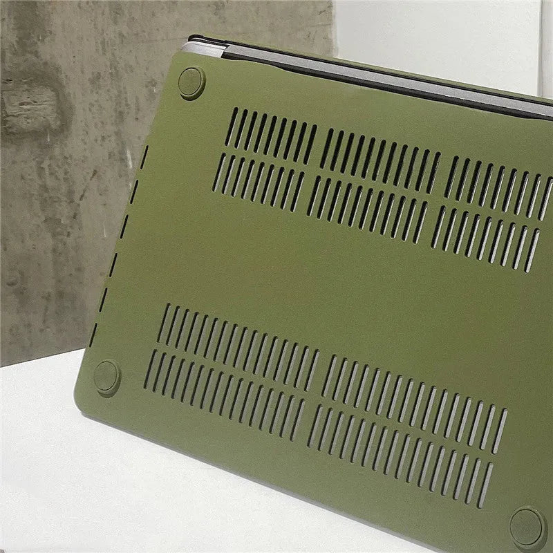 Quicksand army green polycarbonate MacBook protective shell on a laptop showing textured finish.