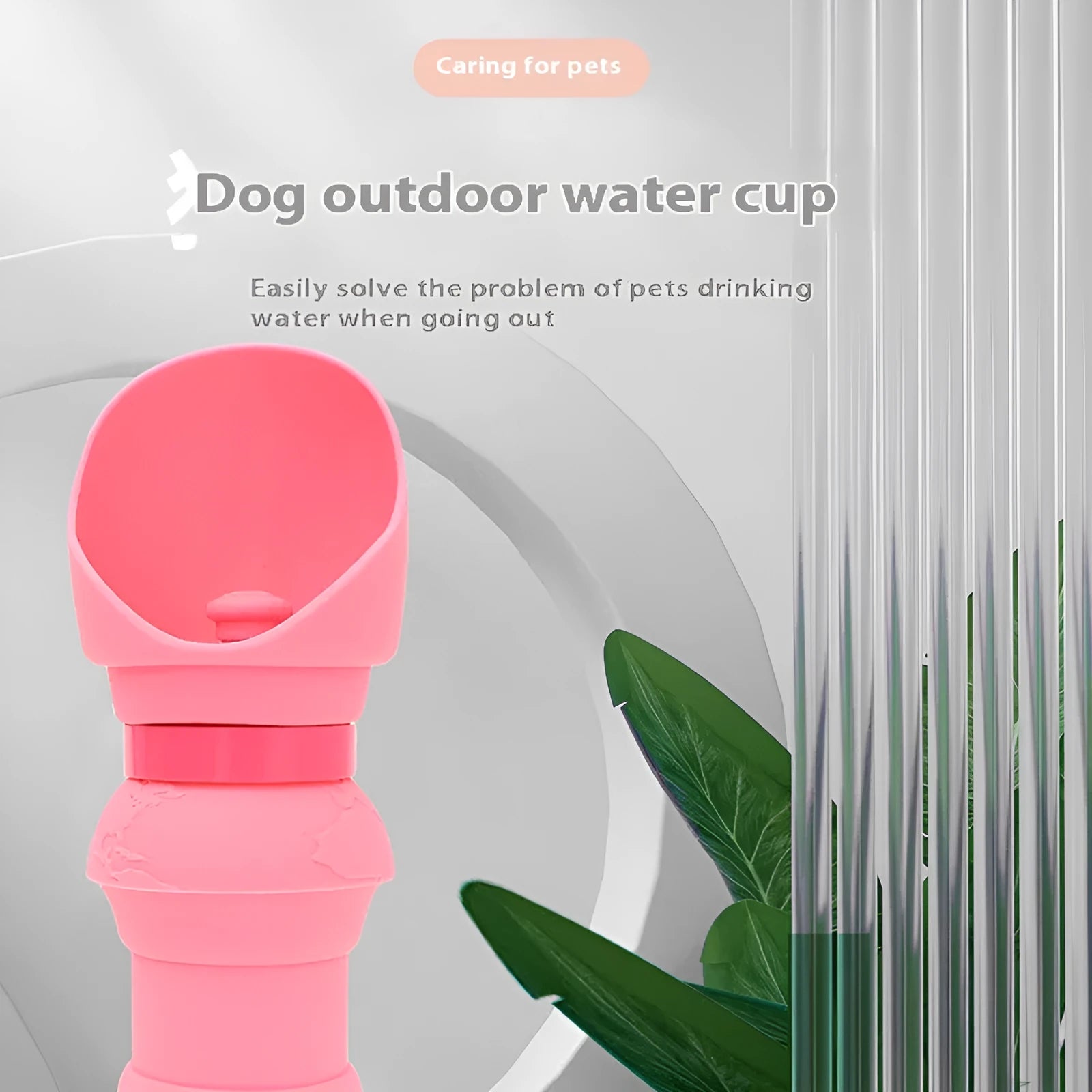 A pink silicone folding cup for pets, shown both expanded as a water bowl and collapsed flat for storage.