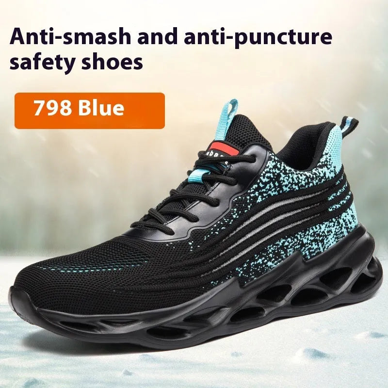 Lightweight brown leather labour protection safety shoes with a rubber sole on a work surface.