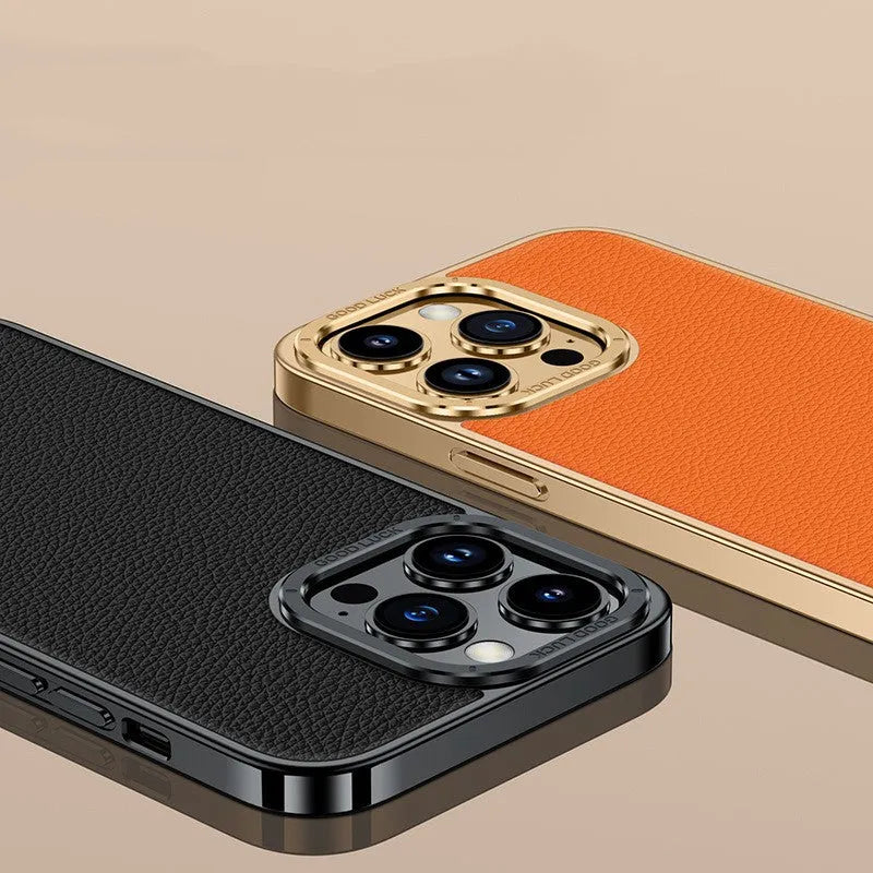 Genuine leather iPhone case with electroplated soft edge, shown in black, orange, purple and blue for iPhone 12 to 15 Pro Max.