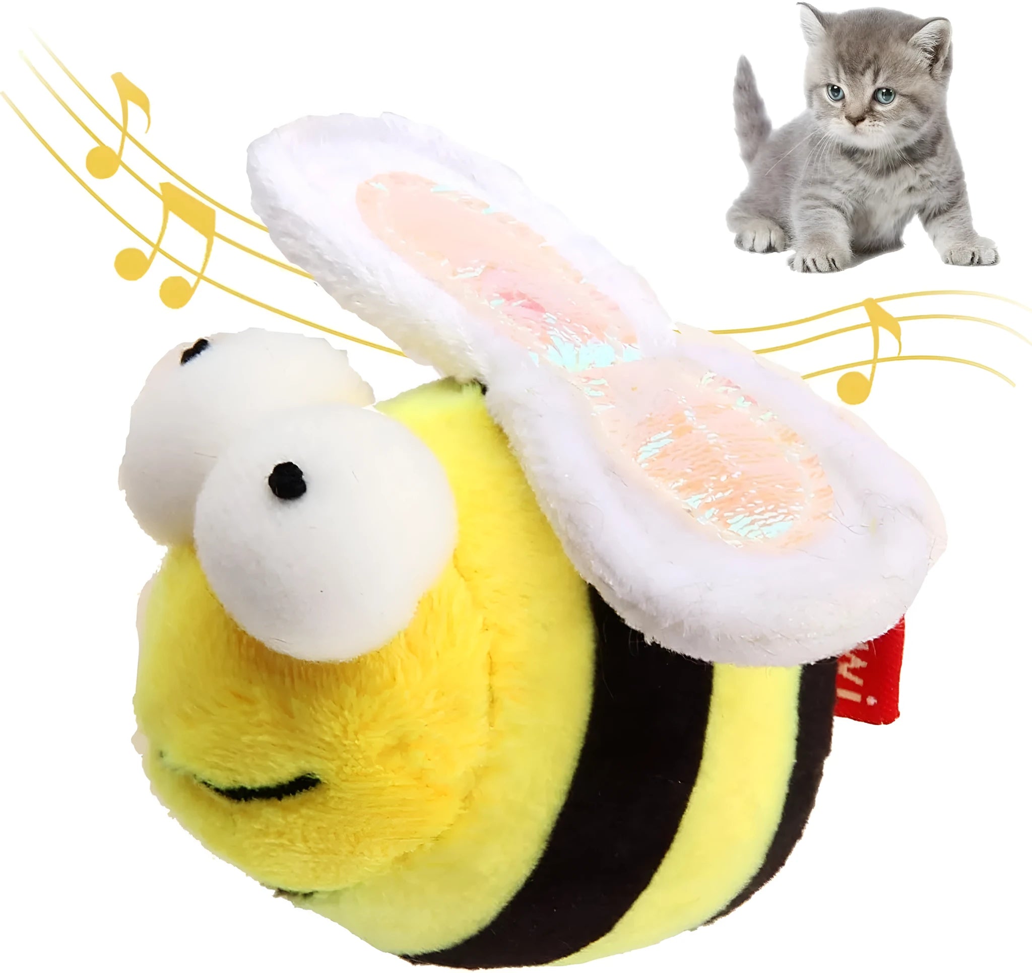 Yellow bee-shaped interactive cat toy with flannelette fabric and electronic sound components