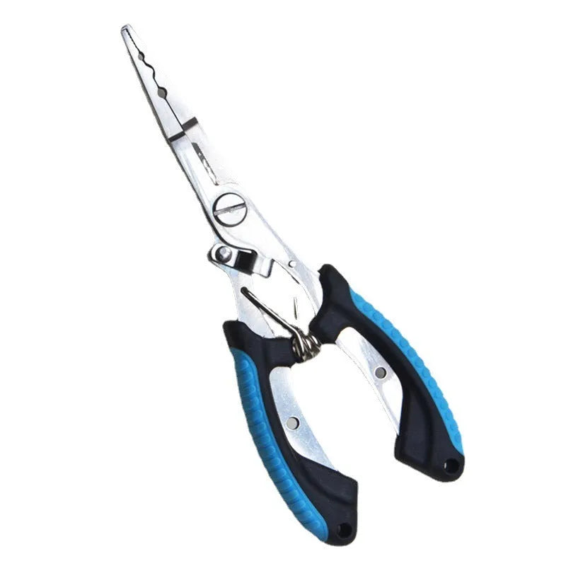 Medium straight mouth fishing pliers with hook, blue ABS handle and nylon carry strap on a grey background.