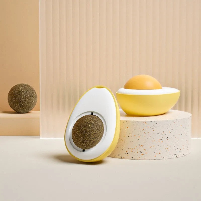 Interactive catnip ball toy in fried egg or poached egg shape with cute cat head design