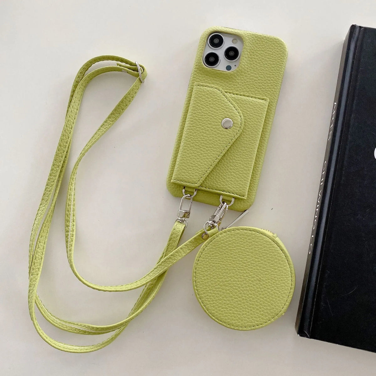Crossbody phone case with card holder and coin purse in PC leather, available in blue, khaki, and purple for iPhone models