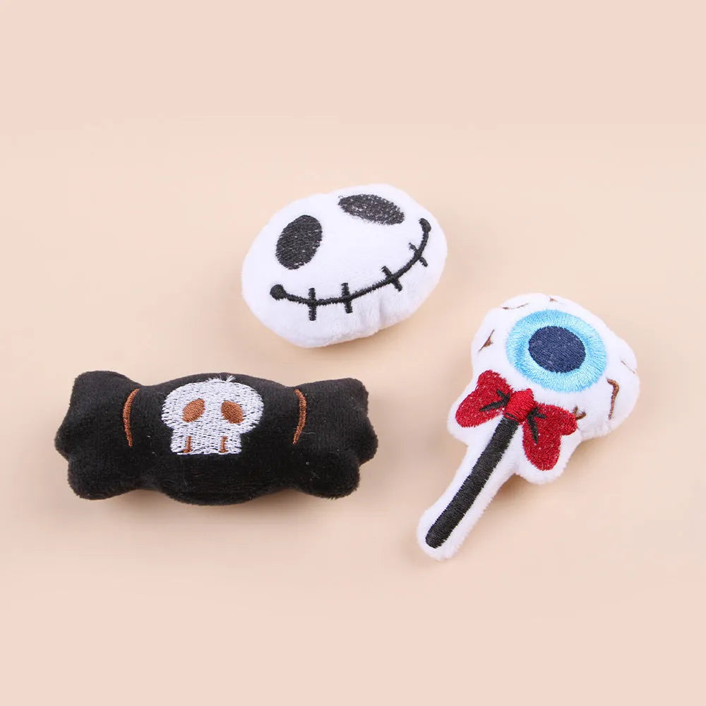 Small plush cat teaser wand toy with dangling elements in candy colour design