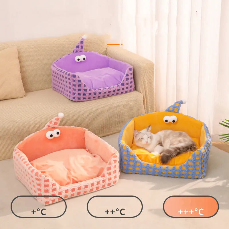 Triangular hat-shaped pet sleeping nest with removable sponge insert in green, purple, and yellow colours