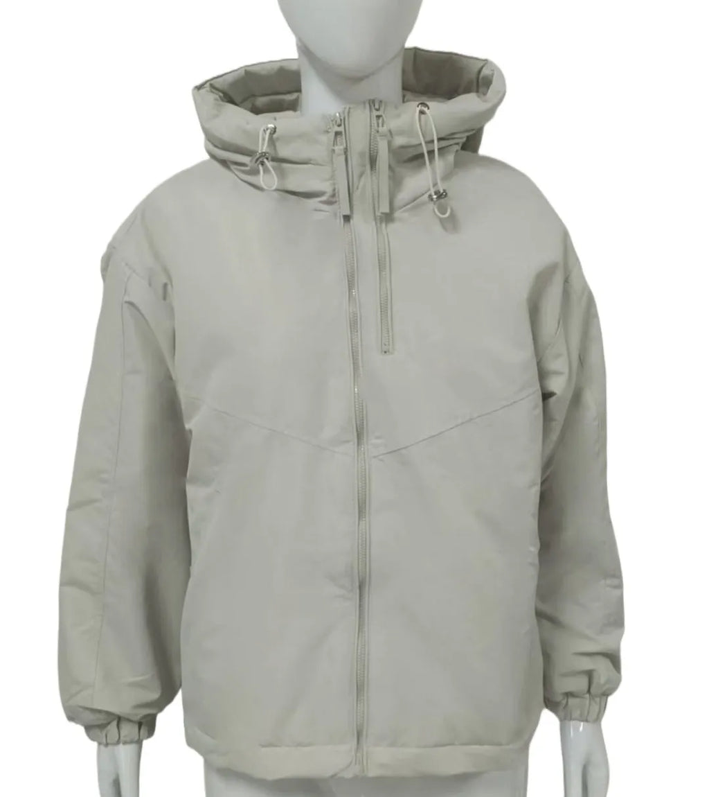 Women's grey hooded loose-fit polyester shell jacket with long sleeves