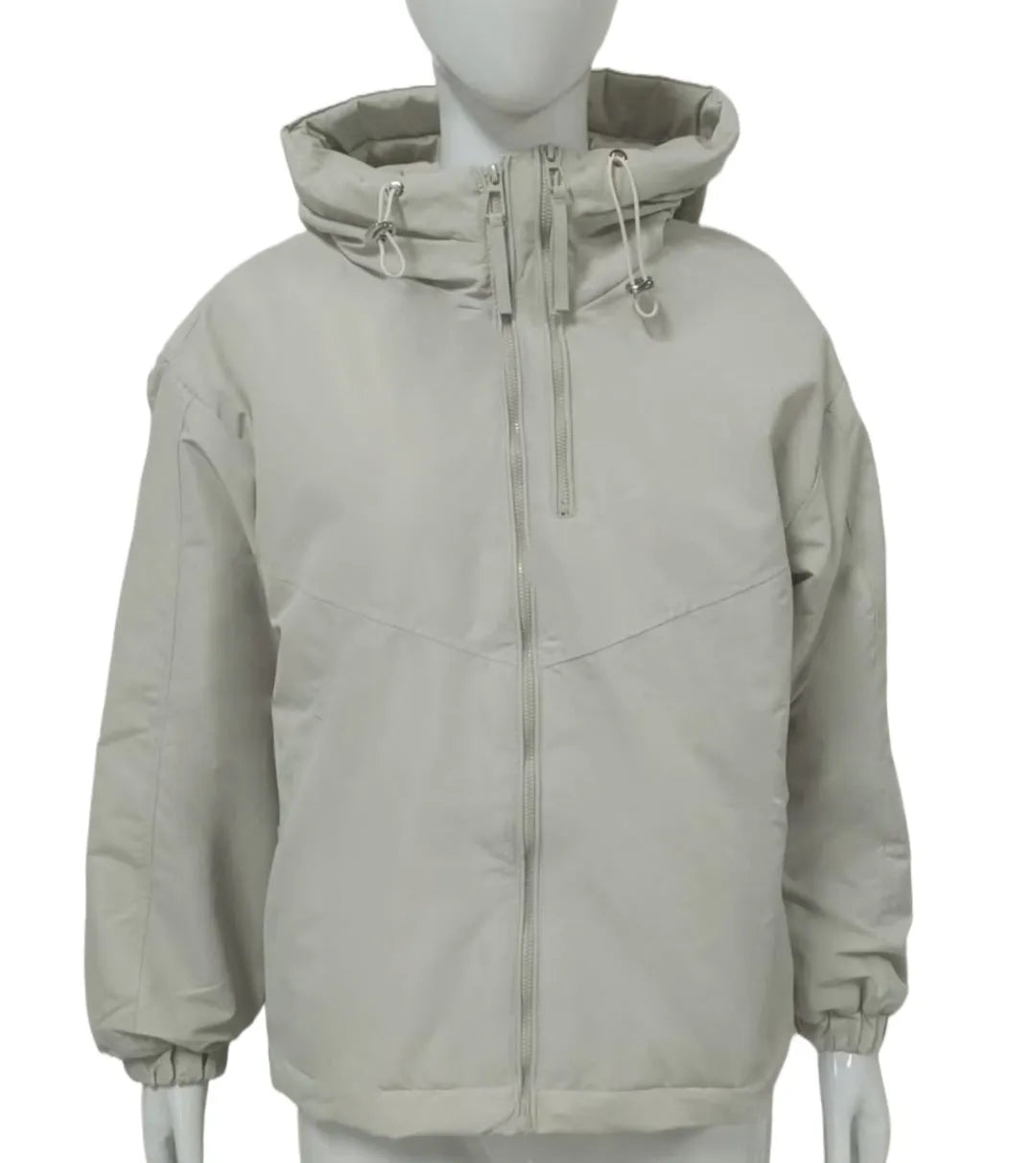Women's grey hooded loose-fit polyester shell jacket with long sleeves