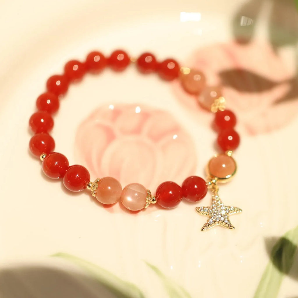 Handmade women's bracelet with red agate and sands orange sunstone 8mm beads in ethnic style