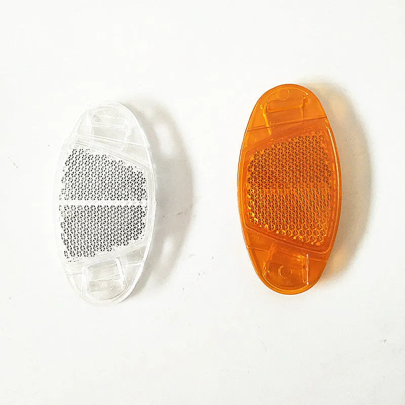 Yellow and white bicycle spoke reflector safety decorations showing dimensions and plastic construction