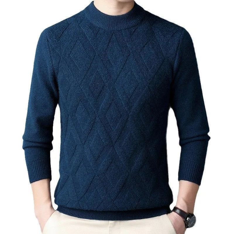 Men's thick winter sweater with diamond jacquard pattern in light camel colour, plus size fit.