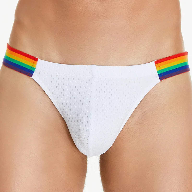 Men's nylon mesh briefs with low waist and rainbow waistband in black, dark blue, and white colours.