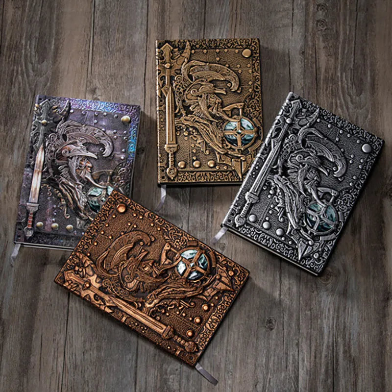 A5 leather notebook with an embossed 3D warriors relief design on the cover in bronze colour.