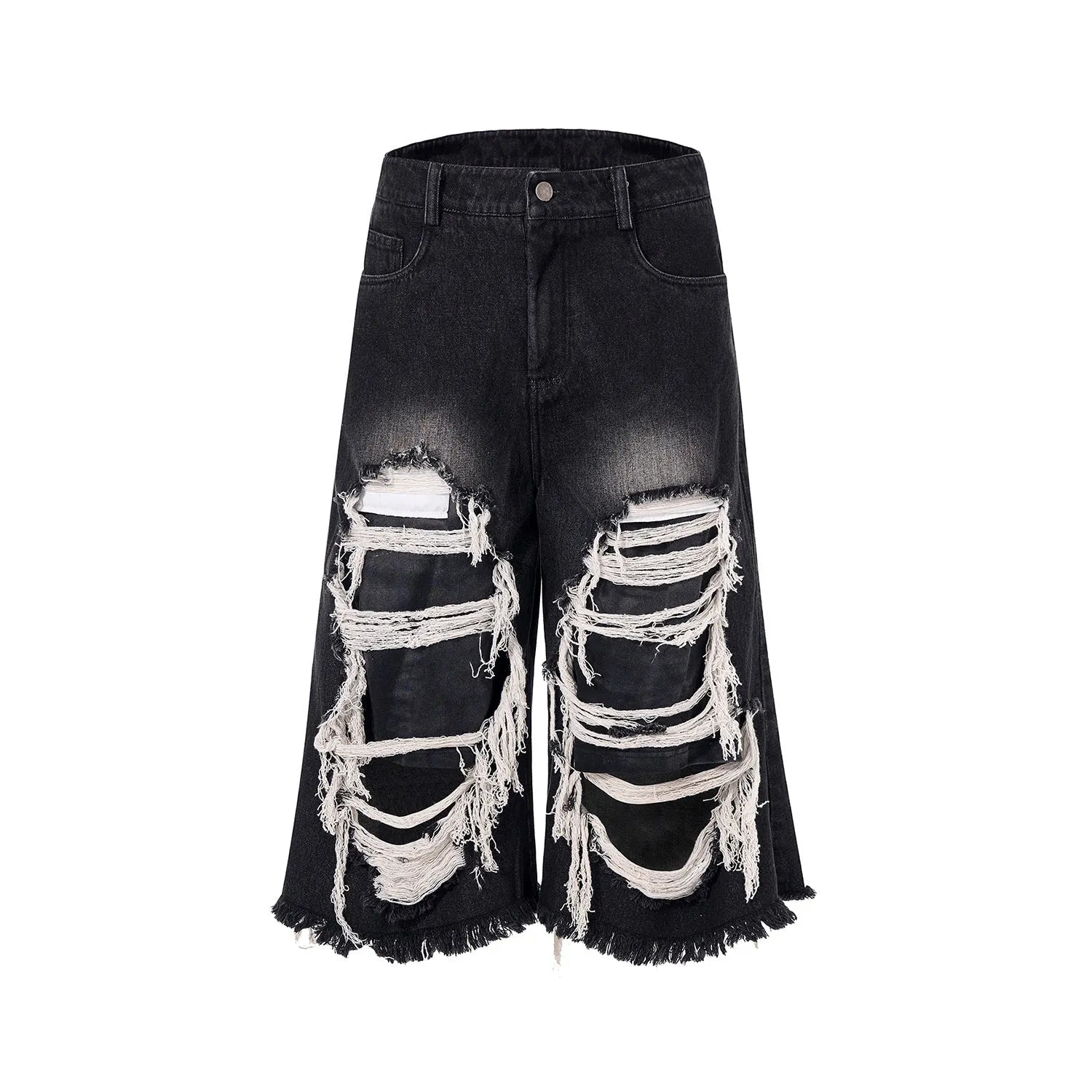 Black women's wide-leg cropped jeans with ripped patchwork details on cotton denim.