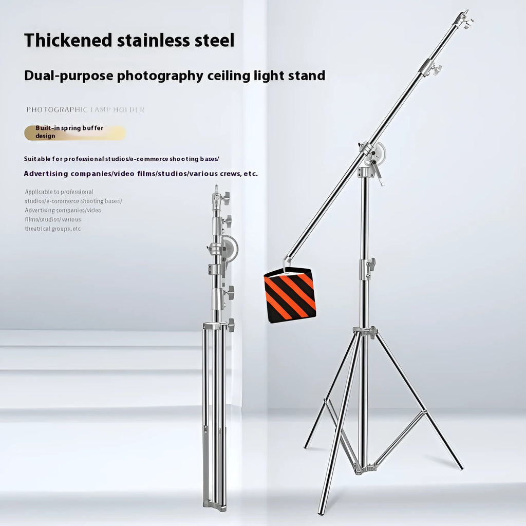 Silver stainless steel ceiling lamp rack with cross arms extended to full height