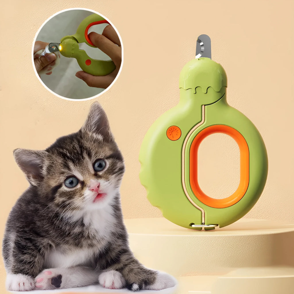 Blue pet nail clippers with LED light on handle for trimming cat and dog nails safely