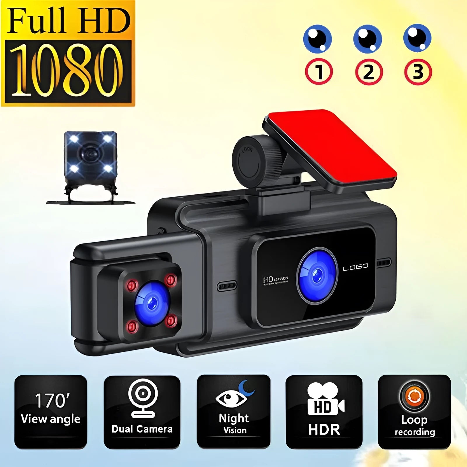 Black 3 lens driving recorder with 3 inch screen for front windshield installation