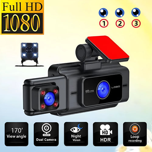 Black 3 lens driving recorder with 3 inch screen for front windshield installation