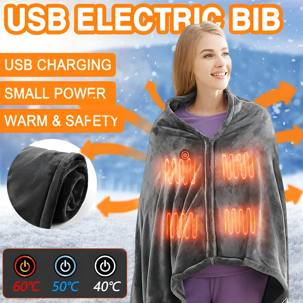 Dark grey USB electric heated plush blanket showing plug and control button.
