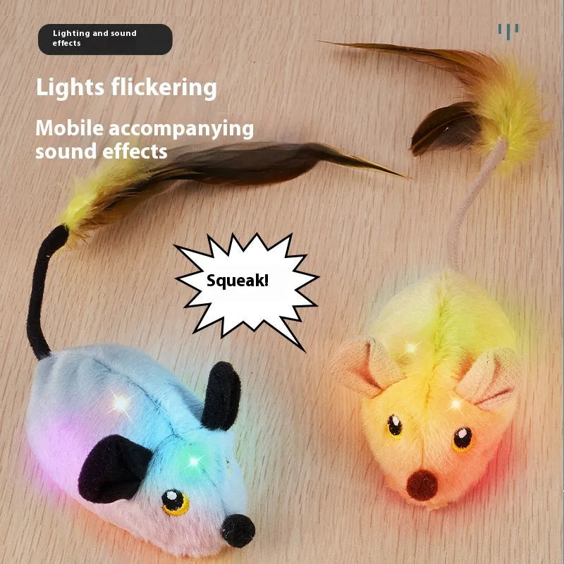 Grey and yellow plush mouse cat toys with remote control unit and charging cable