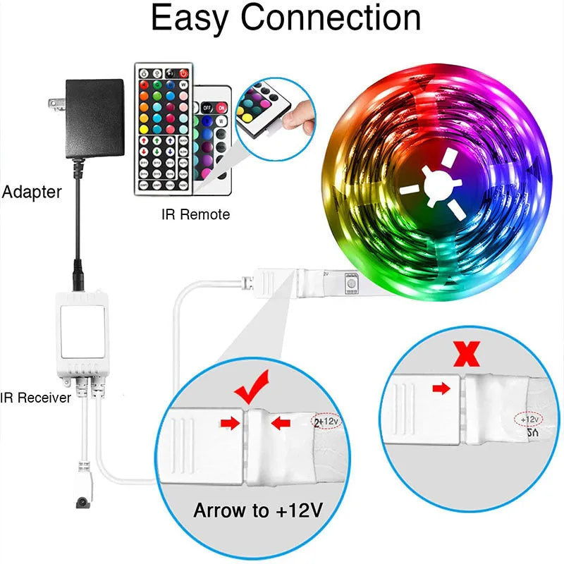 12V RGB LED light strip with 44-key Bluetooth remote and power adapter on a white background.