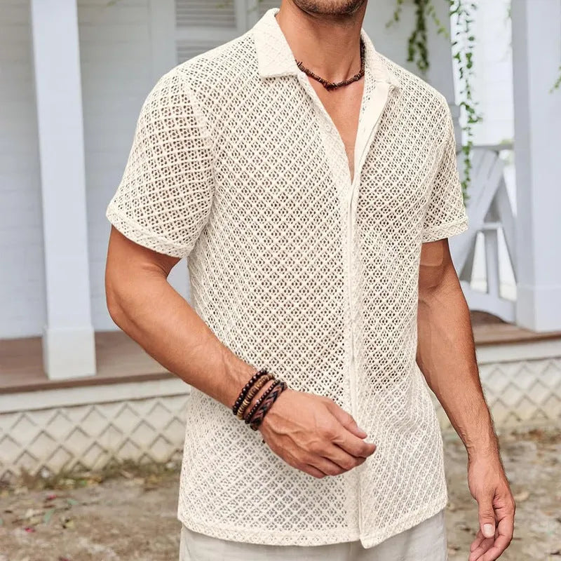 Men's solid colour lapel cardigan with short sleeves and mesh fabric on a manikin.