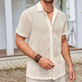 Men's solid colour lapel cardigan with short sleeves and mesh fabric on a manikin.