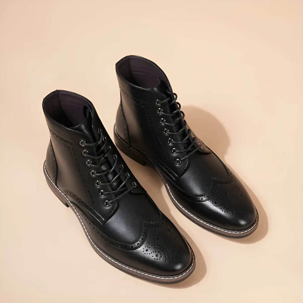 Retro high-top men's work ankle boots in black and light brown with rubber and PU construction