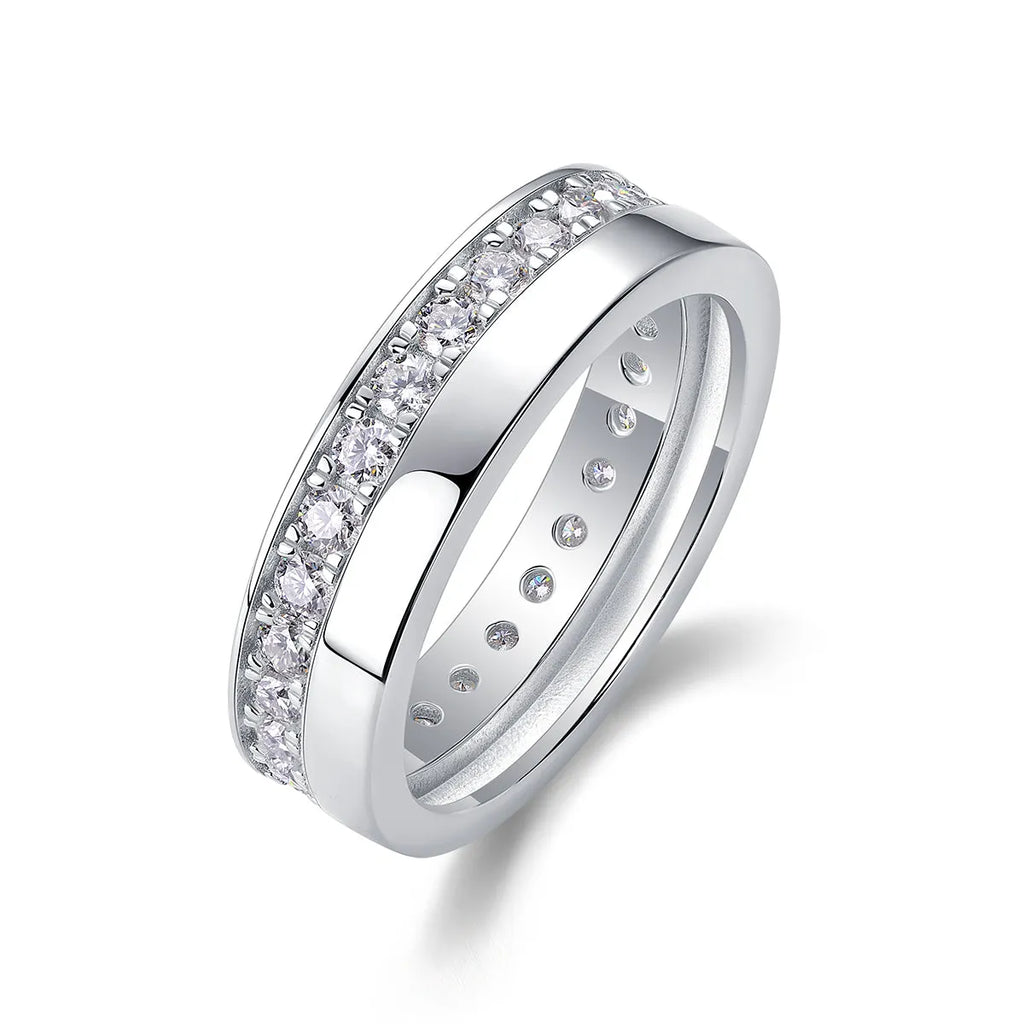Moissanite wedding ring with gold-plated S925 silver setting on a white background