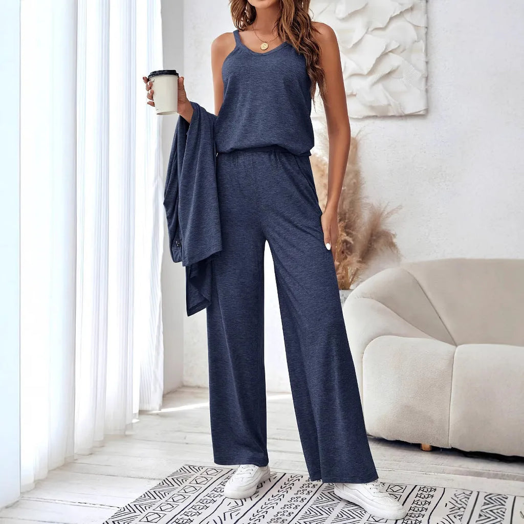 Blue women's casual suit set with cardigan top and trousers in Japanese Korean style