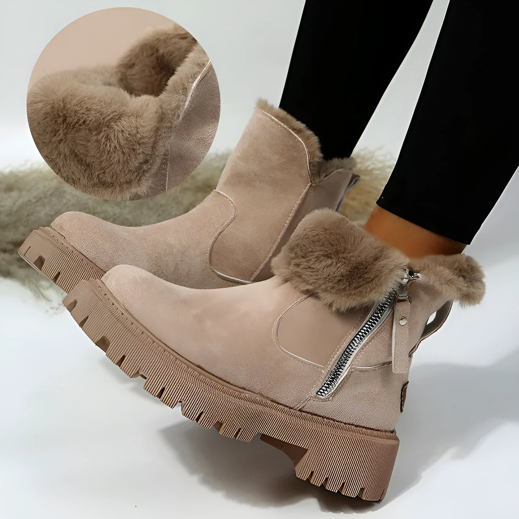 Women's black thick plush high-top snow boots with a side zipper and non-slip rubber sole.