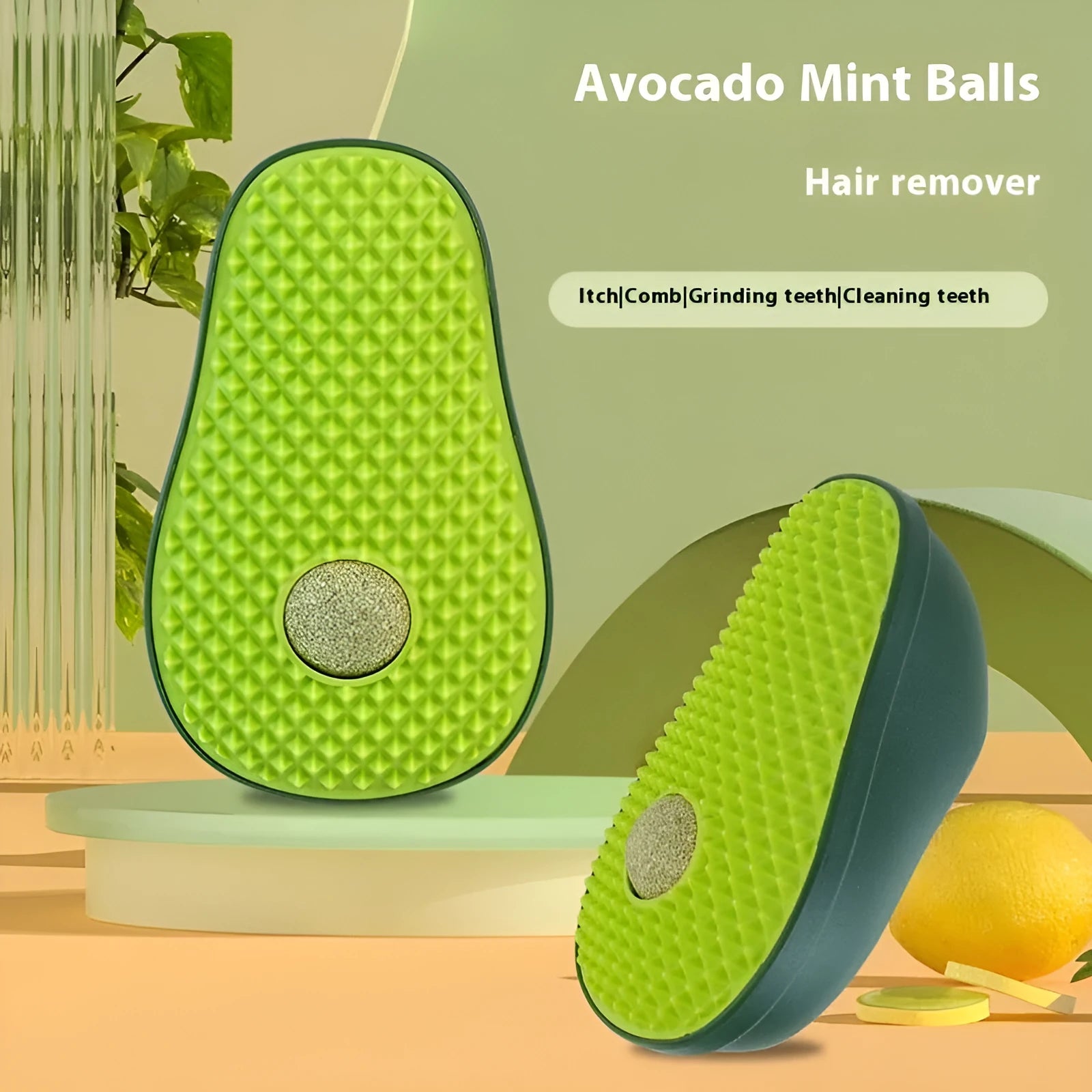Green avocado-shaped cat scratching post toy on a white background