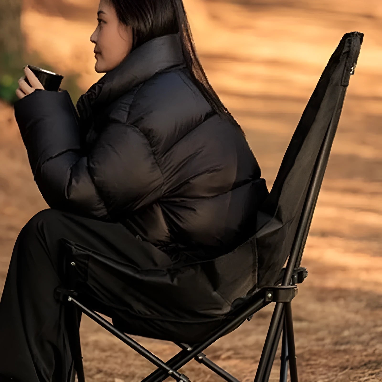 Night black Oxford cloth folding camping chair in moon chair design