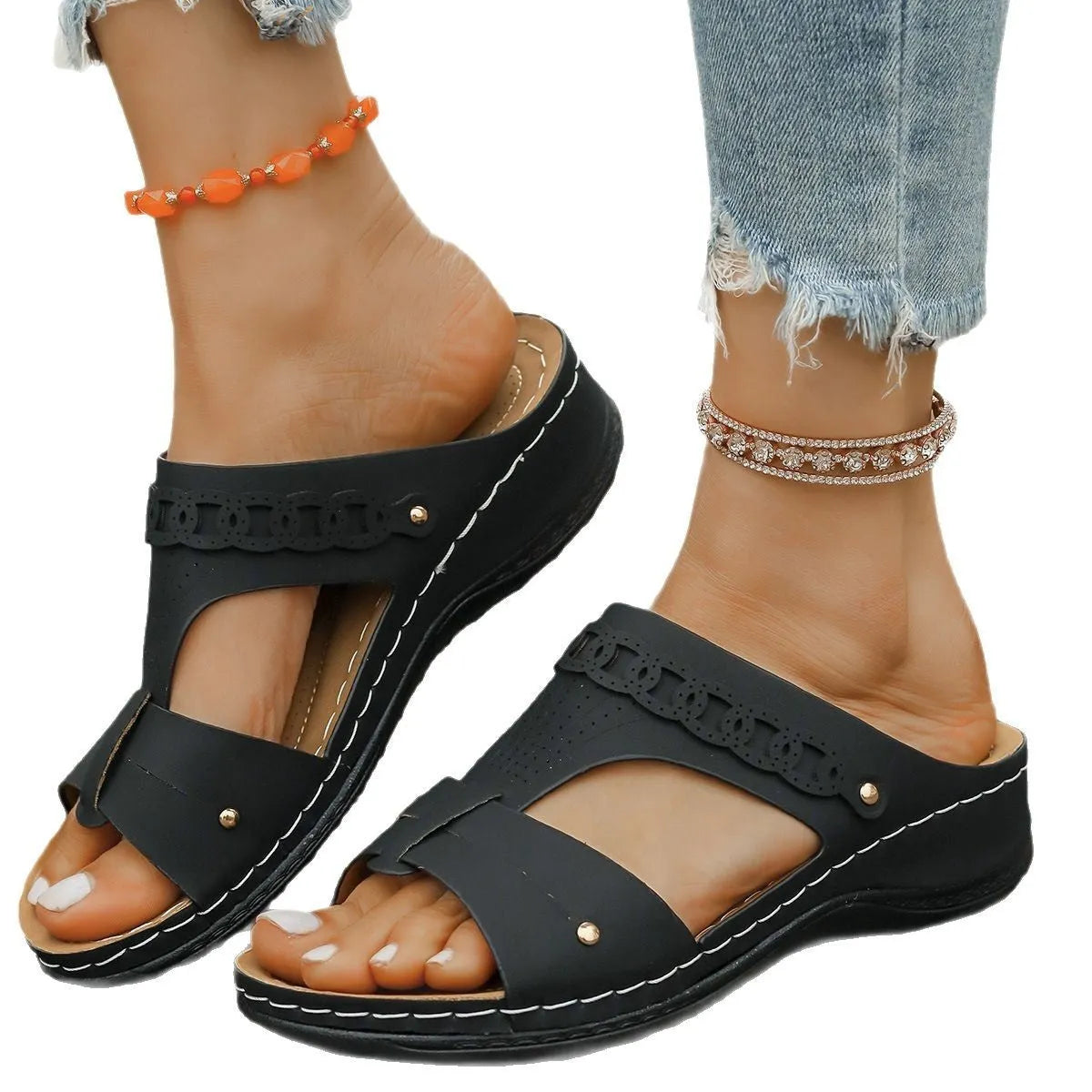 Roman style slippers with slope heels and fish mouth toe holders in various colours