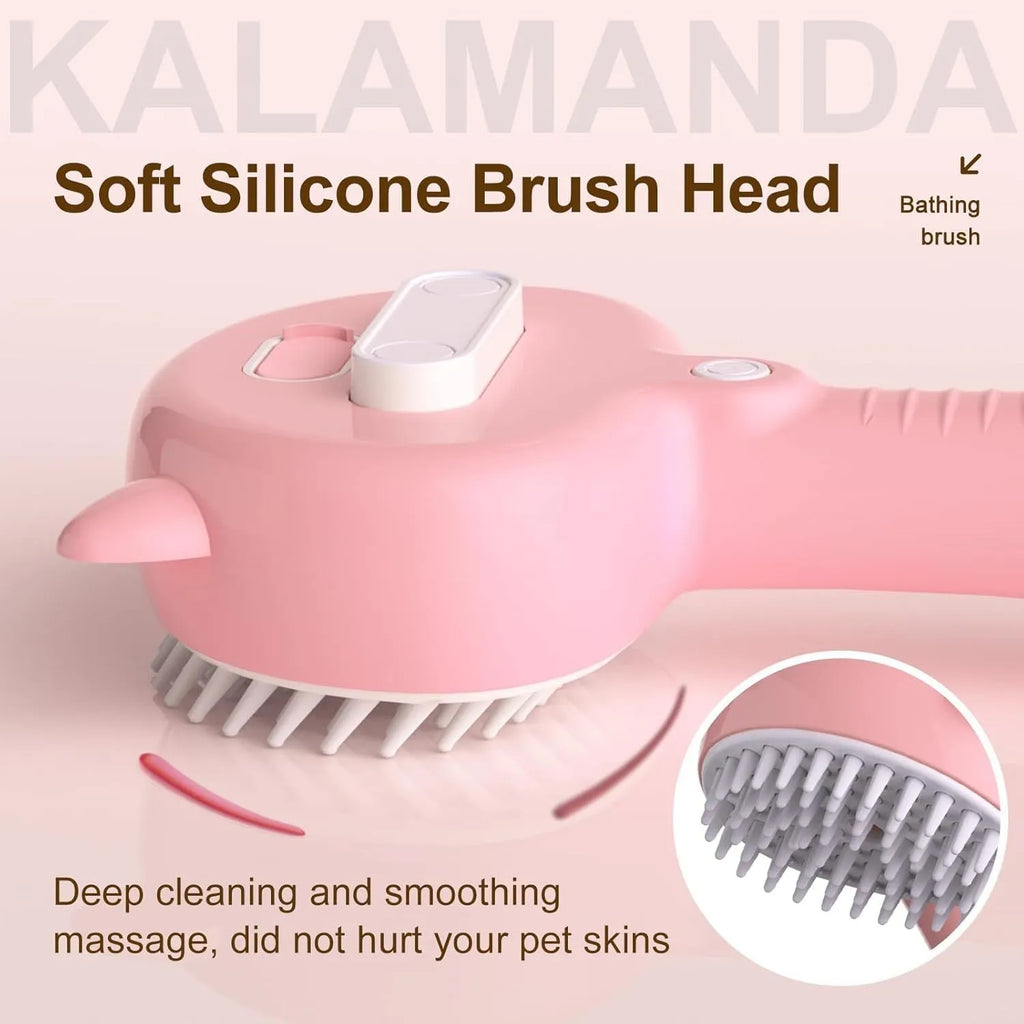 Blue pink yellow cat steam brush with ergonomic handle and rubber bristles for pet grooming
