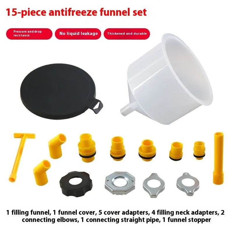 15-piece plastic funnel set in assorted colours for coolant and antifreeze automotive repair