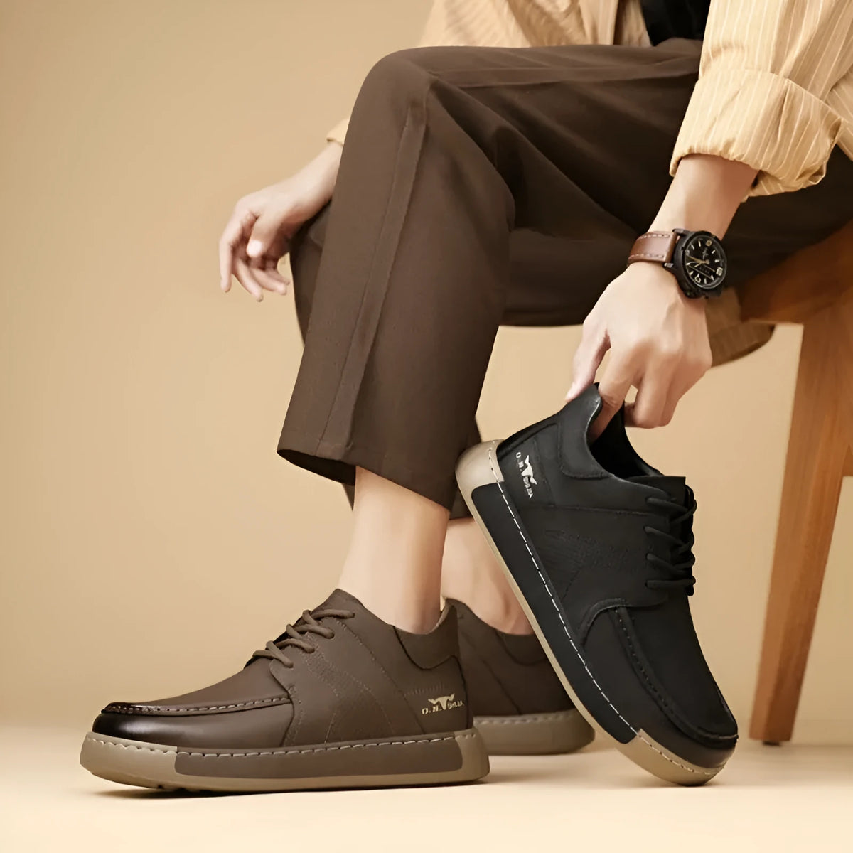 Men's British mid-top leather formal lace-up shoe in khaki and black with stitching detail