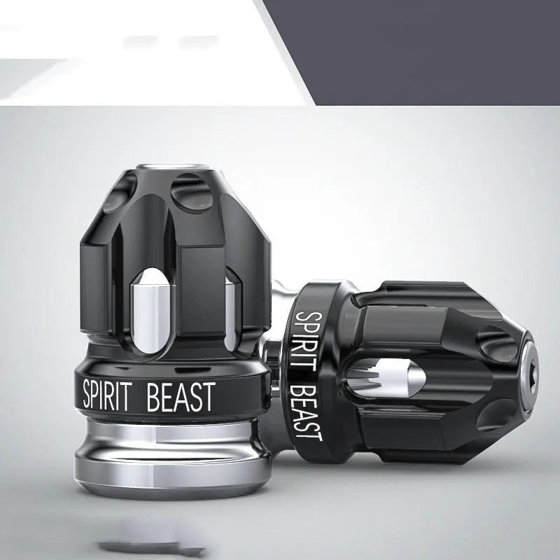 Pair of motorcycle tyre valve core caps in T6 aluminium alloy and 304 stainless steel, CNC machined, with oxidation colouring.