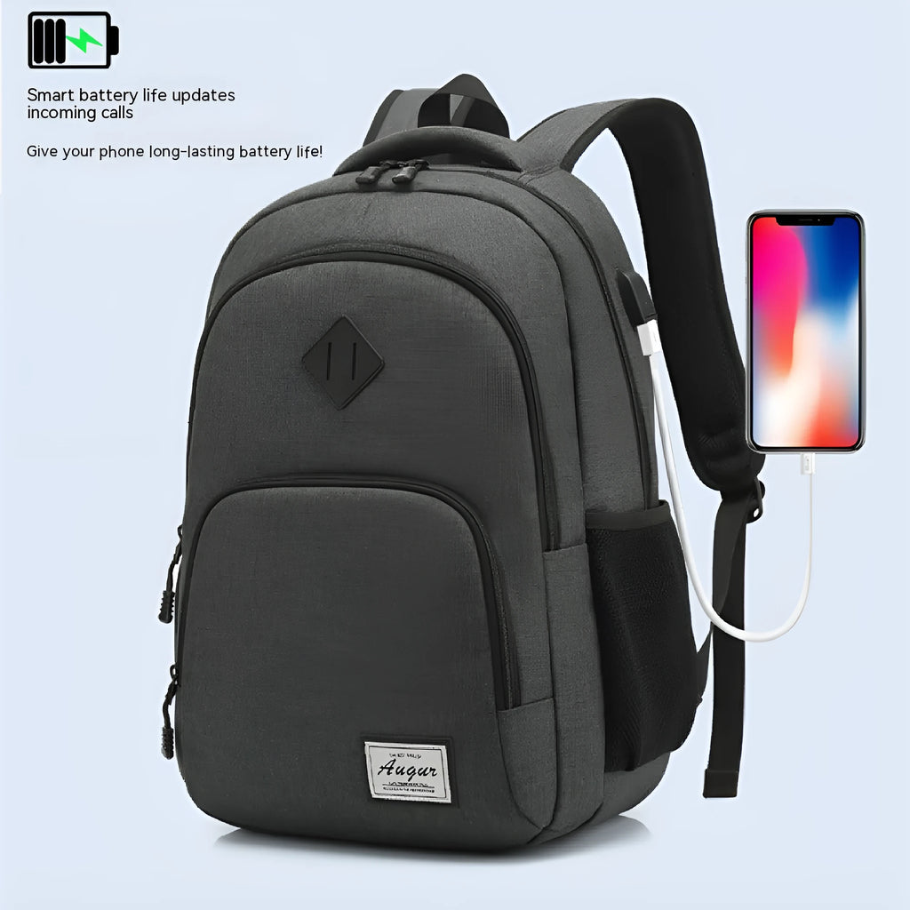Lightweight nylon backpack with USB charging port in grey colour showing dimensions and trolley case attachment