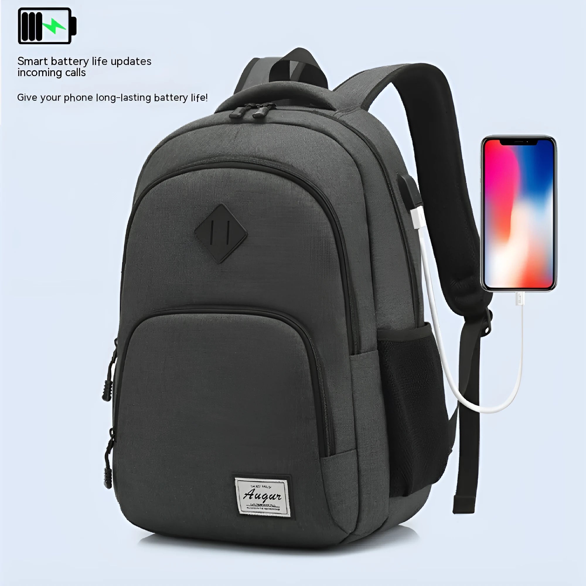 Lightweight nylon backpack with USB charging port in grey colour showing dimensions and trolley case attachment