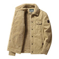 Men's fleece-lined cotton casual jacket with polo collar in khaki, regular fit, available in multiple sizes