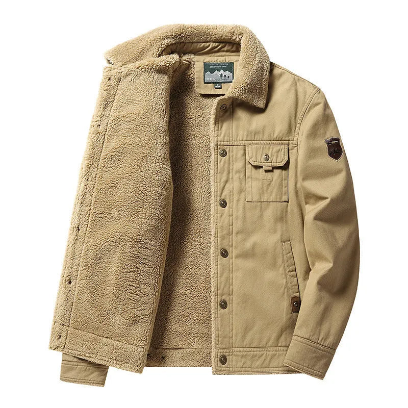 Men's fleece-lined cotton casual jacket with polo collar in khaki, regular fit, available in multiple sizes