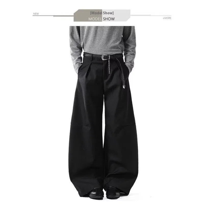 Men's loose casual wide leg pants in black, high waist, cotton blend fabric