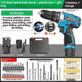 12V cordless impact pistol drill and electric screwdriver set in a box.