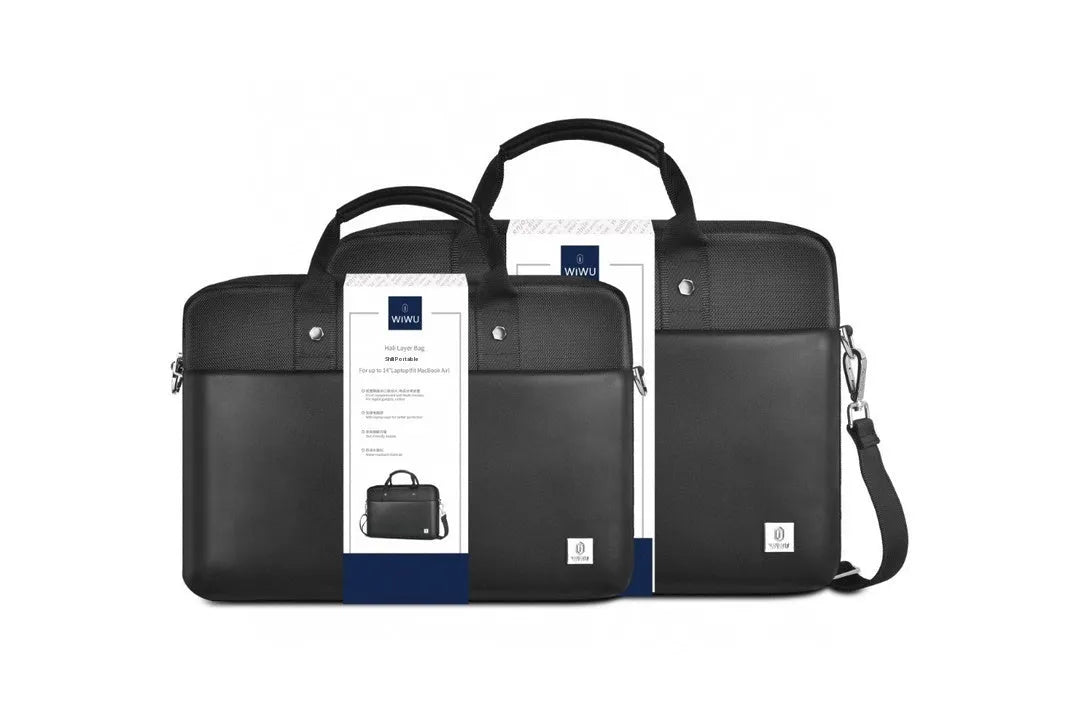 Black oxford cloth laptop handbag with multiple pockets and a separate computer compartment, shown in 14-inch and 15.6-inch sizes.