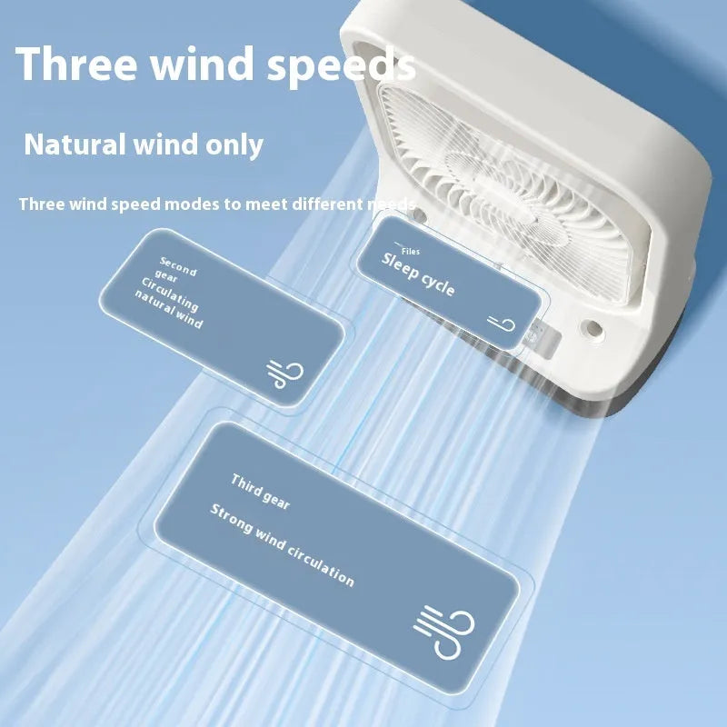 White USB rechargeable desk cooling fan with water tank and adjustable head