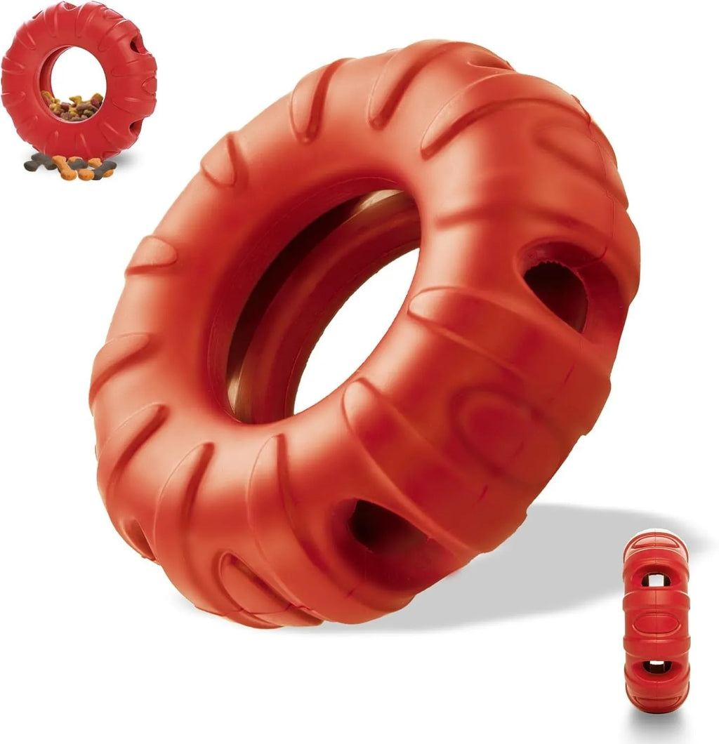 Blue tyre-shaped dog chew toy with oval openings for food dispensing